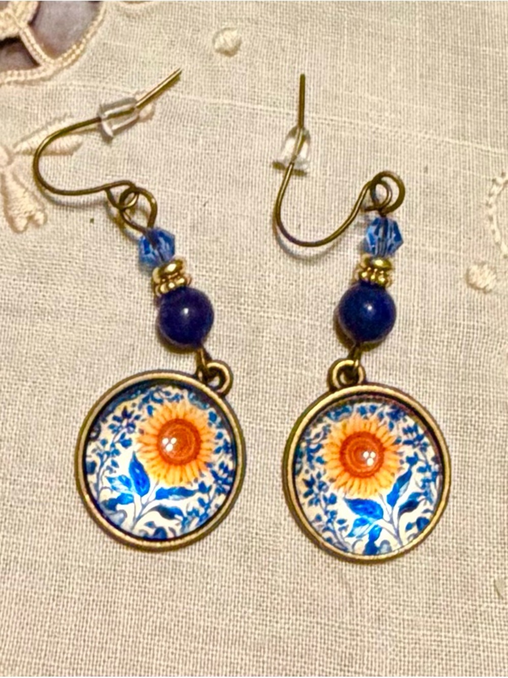 New Boho Blue and Orange Sunflower Earrings